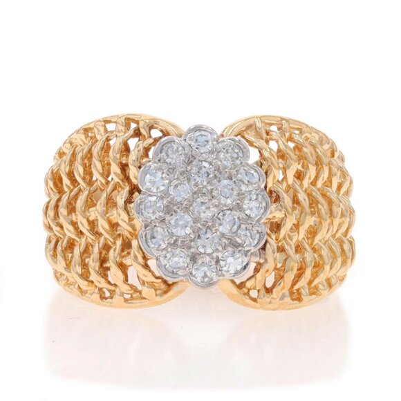 Yellow Gold Diamond Cluster Cocktail Ring - 14k Single Cut .50ctw Basketweave